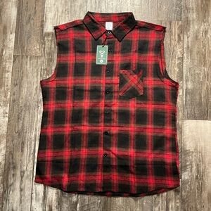 Red and Black Plaid Sleeveless Button Down Shirt Size Large